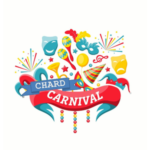 Logo with banners, party poppers and carnival masks