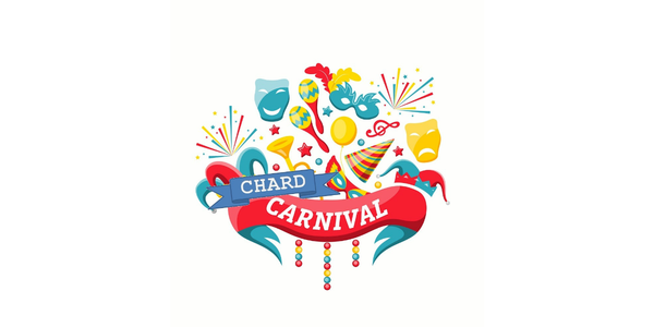 Logo with banners, party poppers and carnival masks